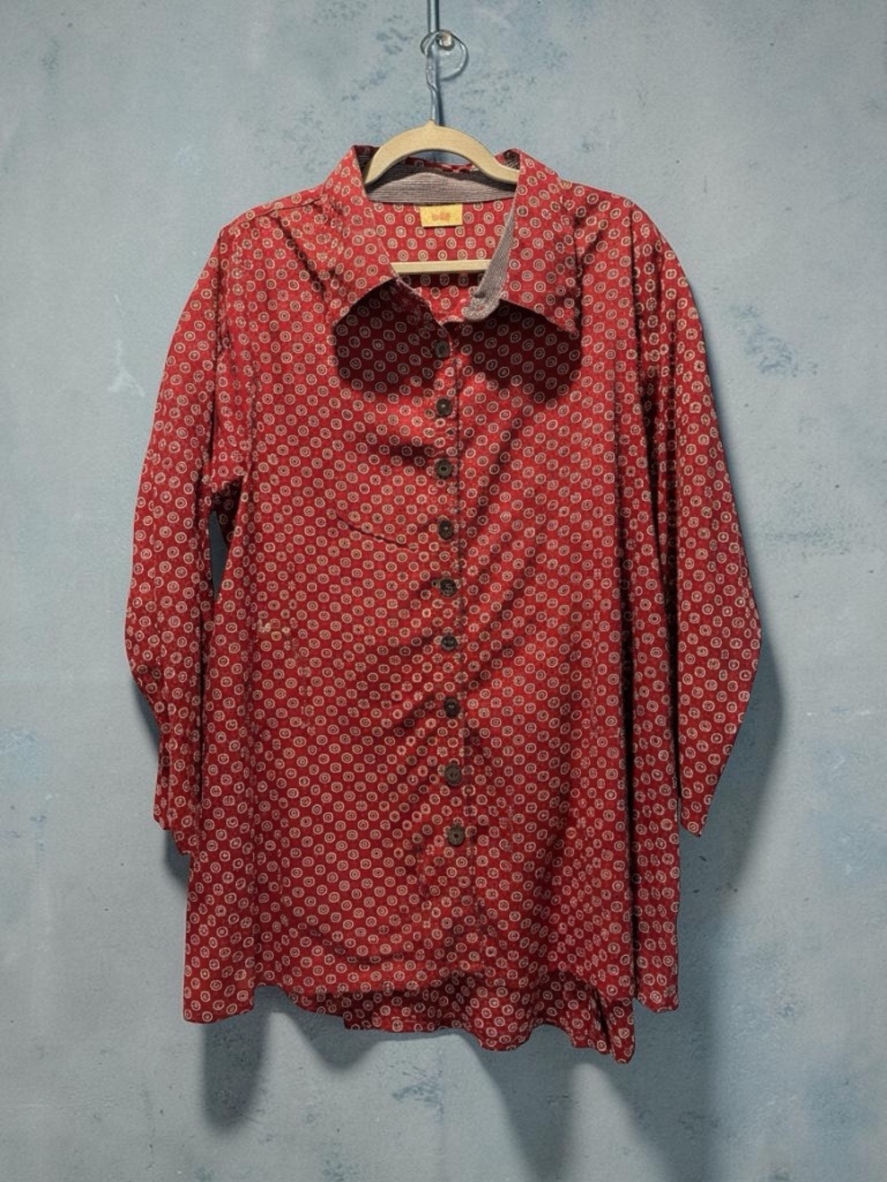 Tulip Burgundy Patterned Long-Sleeve Button-Down High-Low Tunic Light Cotton L